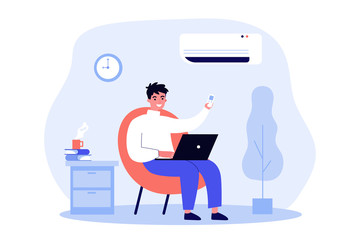 Young man sitting in home chair under air conditioner flat vector illustration. Cartoon guy relaxing at home with laptop computer. Summer and technology concept