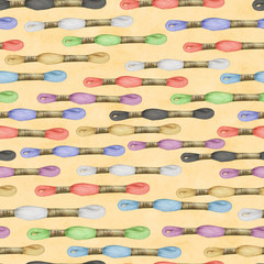 Colourful embroidery floss skeins, watercolour illustration. Seamless pattern