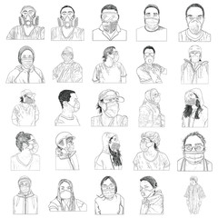 Set of urban commuters, nurses and doctors in protective and medical face mask and glasses. Novel coronavirus COVID-19 new normal social concept, Prevention and quarantine from infections. Vector.