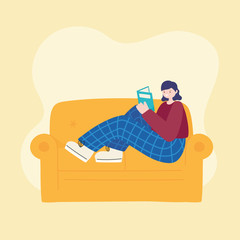 Obraz premium people activities, young woman sitting on sofa reading book