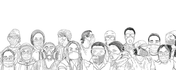 Group of people wearing protective and medical masks to prevent coronavirus COVID-19 disease. New Normal concept illustration. Men and women crowd in face masks for infection prevention. Vector.