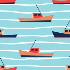 Tapeten Meereswellen Bootsmuster für Sommerurlaubsstimmung. Nahtloser nautischer Hintergrund. Segelboot-Design. Vektor