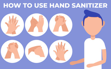 Disinfect hands with alcohol gel. How to use hand sanitizer, personal hygiene, infographic procedure to wash alcohol gel. Clean disease prevention covid-19.