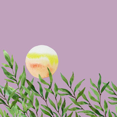 Watercolor sunset. Pale sun in lavender sky into grass. Sun going down