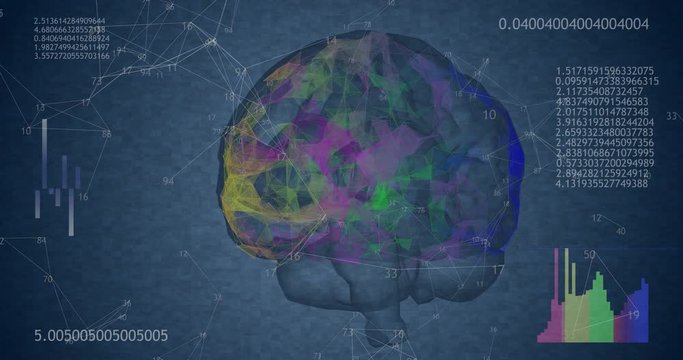 Rotating 360 low polygonal brain 3D model on blue background with animated numbers and diagrams. 4k animation