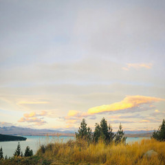 Sun, clouds, lake, mountains 