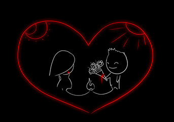 drawing of a boy gives a bouquet of flowers to a girl inside a red heart
