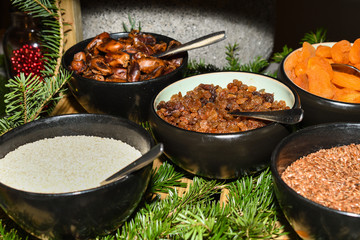 Selection self service continental breakfast buffet display, catering or brunch table food buffet