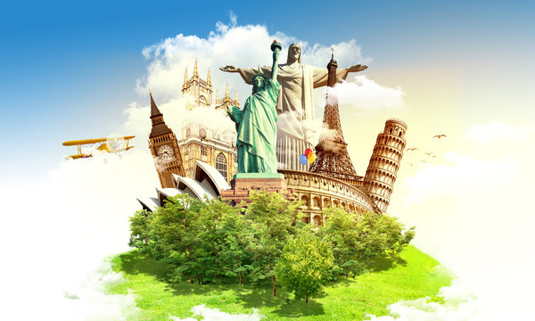 Travel the world concept, different monuments on a globe