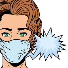 woman using face mask for covid19 with speech bubble