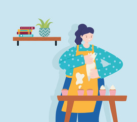people activities, woman baking sweet cupcakes with cream