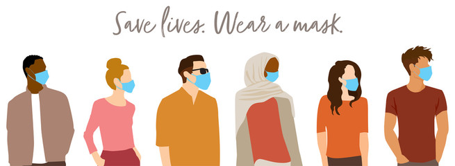  "Save Lives" COVID-19 concept - group of people wearing protective face masks to stop spread of coronavirus Flat style vector illustration