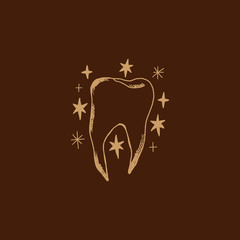 Magical tooth. Vintage gypsy and hippie style. Line engraving apparel.