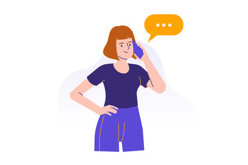 Young woman using smartphone to communicate. Happy teen girl talking with phone concept. Using portable device or gadget. Female cartoon character. Isolated modern vector illustration
