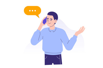 Young man using smartphone to communicate. Happy teen boy talking with phone concept. Using portable device or gadget. Male cartoon character. Isolated modern vector illustration