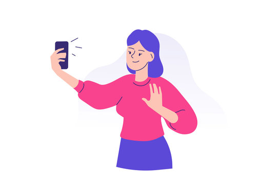Young woman using smartphone to communicate. Happy teen girl taking selfie with phone concept. Using portable device or gadget. Female cartoon character. Isolated modern vector illustration