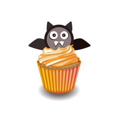 vector image of Halloween sweets. a muffin with rich icing and a cookie bat. facing a vampire, the color decor, the design of the muffin. funny unusual cake.
