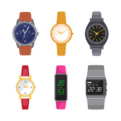 Male and female wristwatches set. Flat vector illustrations of digital watches, round dials with arrows. Time management and personal gadget concept for banner, website design or landing web page