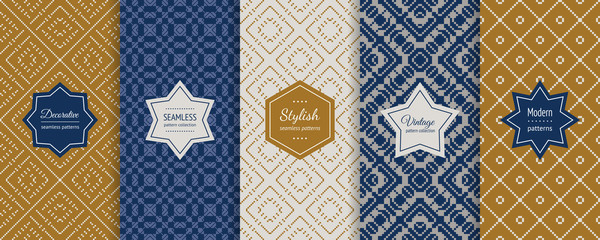 Ethnic seamless pattern collection. Vector geometric ornament swatches with decorative labels. Nordic winter Christmas patterns design. Set of vintage abstract background textures. Traditional motif
