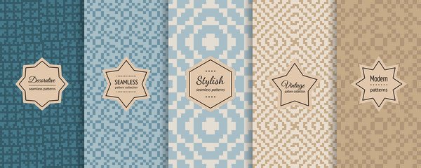 Traditional ethnic seamless pattern collection. Retro vintage geometric ornament swatches with modern labels. Nordic winter Christmas patterns design. Vector set of abstract background textures