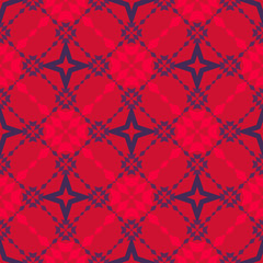 Floral grid seamless pattern. Abstract geometric texture in red and purple color. Simple vector ornament with floral shapes, rhombuses, stars, grid, lattice. Luxury repeat design for wallpapers, print