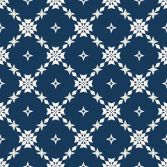 Floral grid seamless pattern. Abstract geometric texture. Simple vector dark blue ornament with floral shapes, rhombuses, stars, grid, net, lattice. Repeat design for wallpapers, fabric, print, cloth