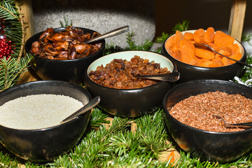 Selection self service continental breakfast buffet display, catering or brunch table food buffet