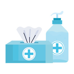 antibacterial soap bottle damp cloths vector illustration design