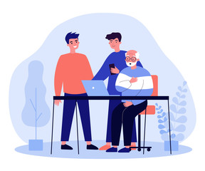 Two young and one senior men watching movie. Guys explaining to granddad how to use laptop flat vector illustration. Technology and entertainment concept for banner, website design or landing web page