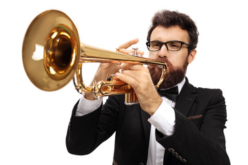 Bearded male musician playing a saxophone