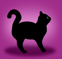 Black mysterious cat, with yellow eyes,  against a purple background.
