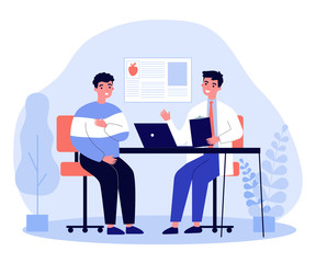 Young man suffering with heart disease. Cardiologist consulting patient in pain flat vector illustration. Healthcare and medicine concept for banner, website design or landing web page