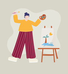 people activities, woman artist drawing on canvas holding palette color in hand and brush