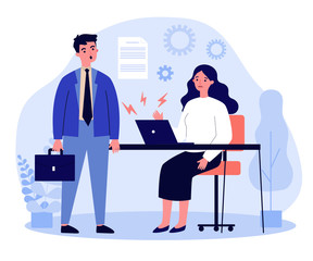 Businessman and businesswoman with broken laptop. Employees failed reading document flat vector illustration. Technology and office work concept for banner, website design or landing web page