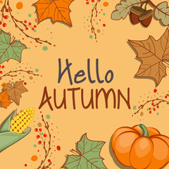 Autumn Season Banner with Leaves, Branches, Pumpkin and Corn