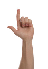 Man pointing at something against white background, closeup of hand
