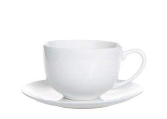 One empty off white porcelain tea coffee cup on a saucer plate isolated on white.