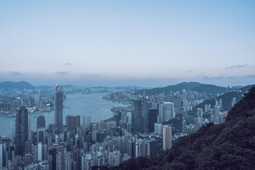 Hong Kong skyline at sunrise. View from Victoria peak