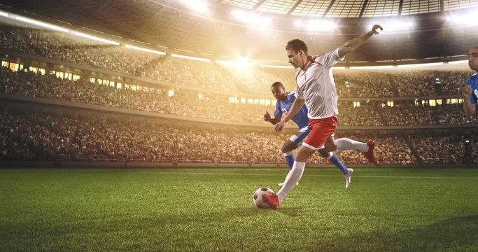 Soccer player shows great skills during the game on a professional soccer stadium on a sunny day. Stadium and crowd are made in 3d and animated.