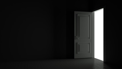 Door in a dark room opens and fills the space with bright white light in 4K resolution. 3D render animation of opening door.