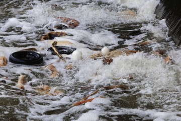 Triftwood, plastic waste and old tires in a river