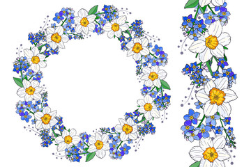 spring wreath with forget-me-not and narcissus flowers