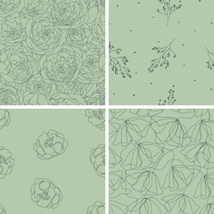 Collection of seamless floral patterns. Vector delicate hand drawn ornaments. Summer blossom textures for your design