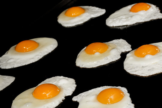 Fried And Scrambled Eggs And Omelette Station In A Hotel Or Restaurant Setting, Catering Breakfast