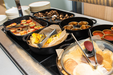 Selection of self service english continental breakfast buffet display, catering or brunch