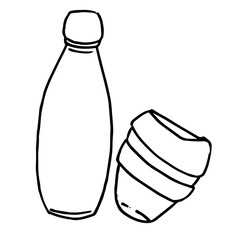 Reusable glass on white isolated backdrop. Outline water bottle for vegan shop or online store logo, social banner, eco blog, flyer. Phone case or cloth print. Doodle style stock vector illustration