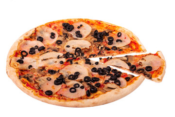 Delicious pizza with ham, mozzarella, mushrooms and olives, with a slice slightly removed, isolated on white background, angle view
