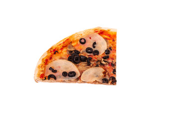 A quarter of tasty pizza with ham, mozzarella, mushrooms and olives, isolated on white background, angle view