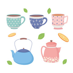 coffee time and tea cups kettles and leaves icons