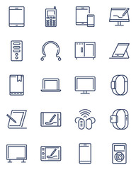 Digital devices line icon set. Computer, server, laptop, tablet, mobile phone and other electronic equipment. Vector icon collection for smart technology, multimedia gadgets topics